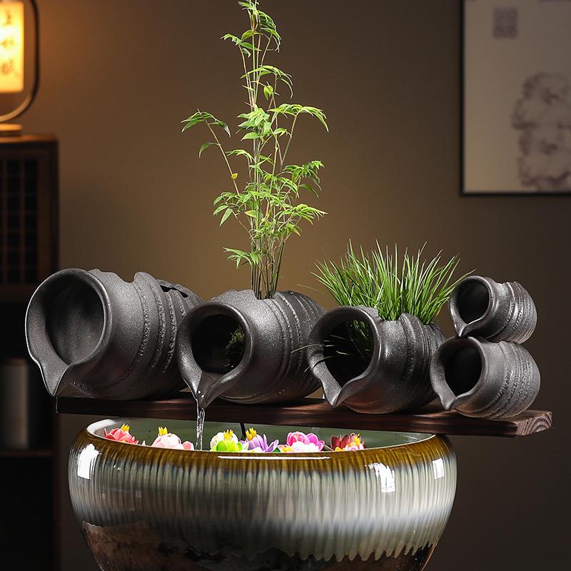 Eco Tank Pottery Jar: Ancient Flow Filtration Ornament for Oxygenating Fish, Courtyard Landscaping, and Fountain Decoration.