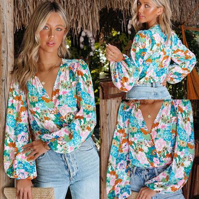 Summer Women Fashion Floral Print Shirt Loose Lantern Sleeve Casual Top