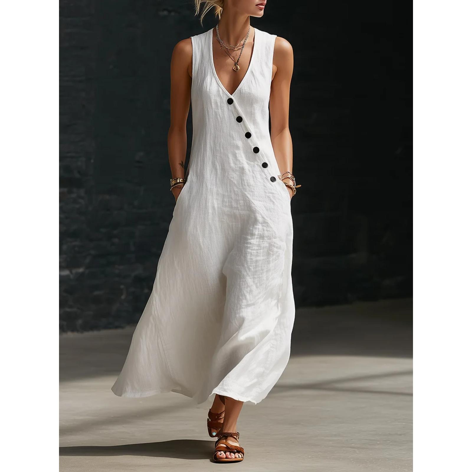 Casual Sleeveless Loose Maxi Dress Women Summer Fashion Solid Color V-neck Holliday Long Dresses Elegant S белый