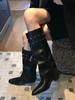 Fashion Middle Heel Studded Ladies Knee High Shaft Shoes Fashion 2025 Goth Footwear Designer Luxury Work Pu New In 39 Women's Long Boots