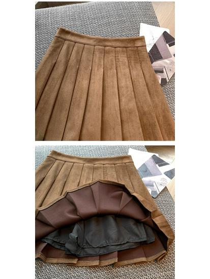 Coffee Maillard Suede A-line Pleated Skirt - Women's Autumn/Winter Petite Leather-look Skirt