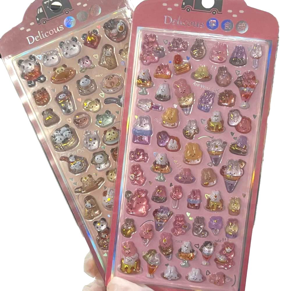 4pcs Children's Cartoon Fresh-style Reward Stickers - Dreamy Rabbit & Panda Crystal Embossed 3D Decorative Stickers for Journals