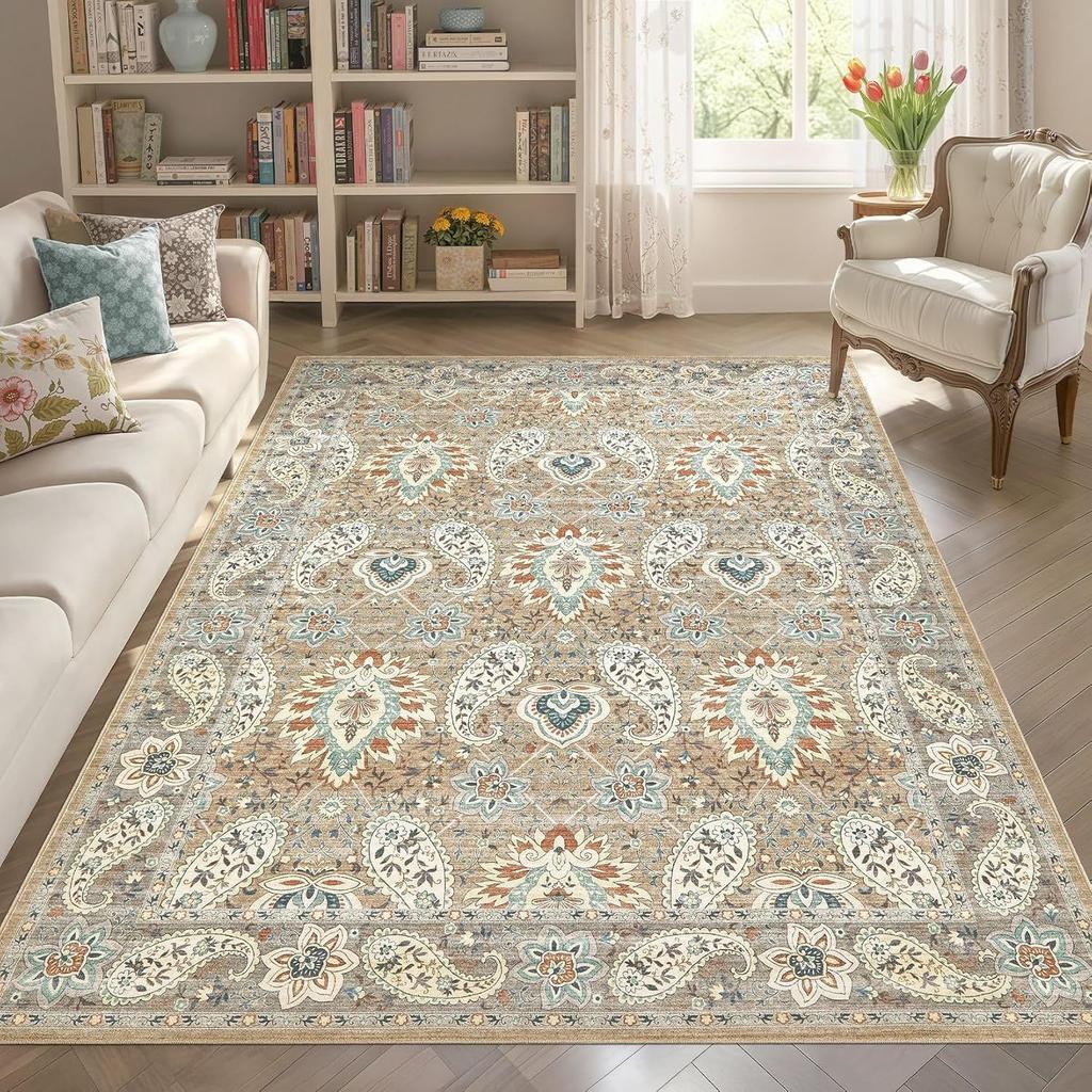 Alfombra Persa de Flores para Salas de Estar, Alfombra Resistente a la Suciedad para Sofá y Alfombra de Mesita de Noche para Dormitorio