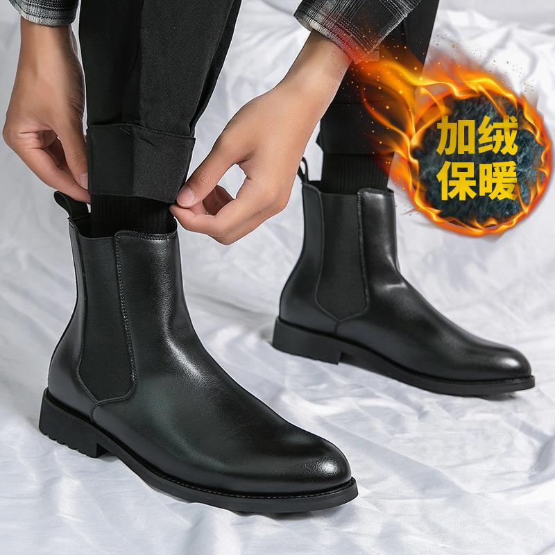 Chelsea boots winter velvet high-top casual leather shoes British pointed Martin boots