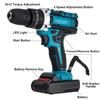 48V 68VF LED 2-Speed 3Modes Electric Drill Hammer Cordless 28N.m High Power Screwdriver Rechargeable with Battery