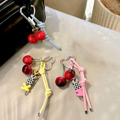 1Pc INS Leather Rope 3D Korean Series Car Keychain Pin Cherry Heart Pendant Mobile Phone Sling Color Collision Cherry Keychain
