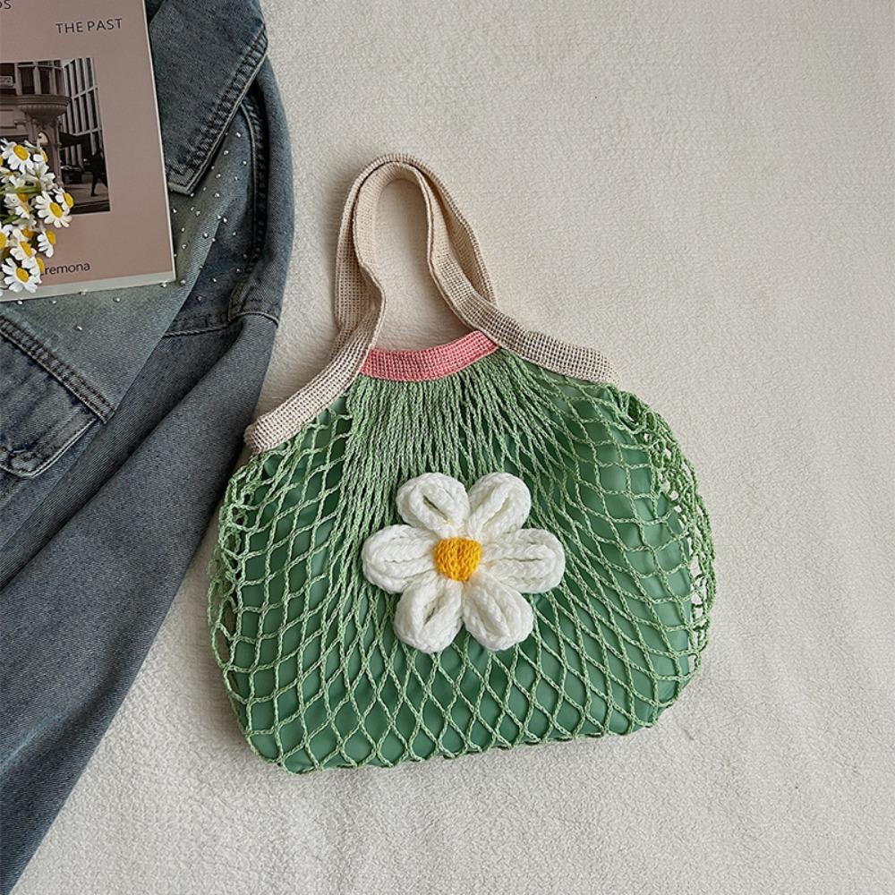 Summer Woven Handbag Flower Nylon Mesh Tote Bag Sweet Grocery Bag  Women