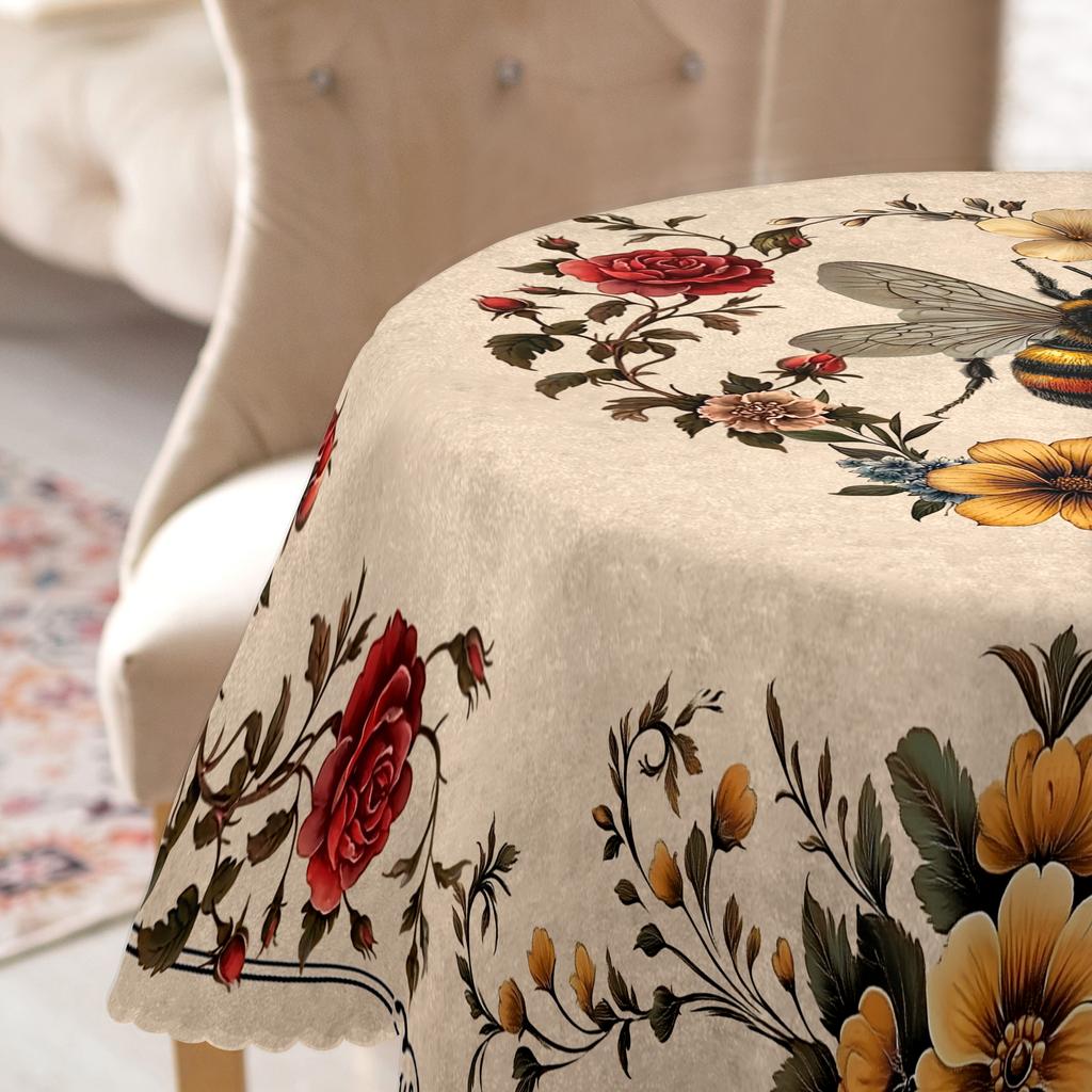 Tovaglia Floreale Vintage a Tema Api, con Rose Eleganti e Delicate e Altri Fiori, Stampe di Api Realistiche, Bordi Goffrati, Impermeabile, Antirughe