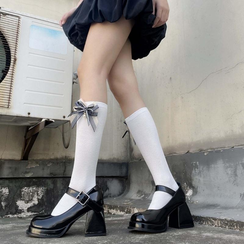 1 Pair Princess Style Dress Socks for Girl Calf Tube Frilly Socks Ballet Socks Ruffle Calf Socks with Bows Lace Top Sock
