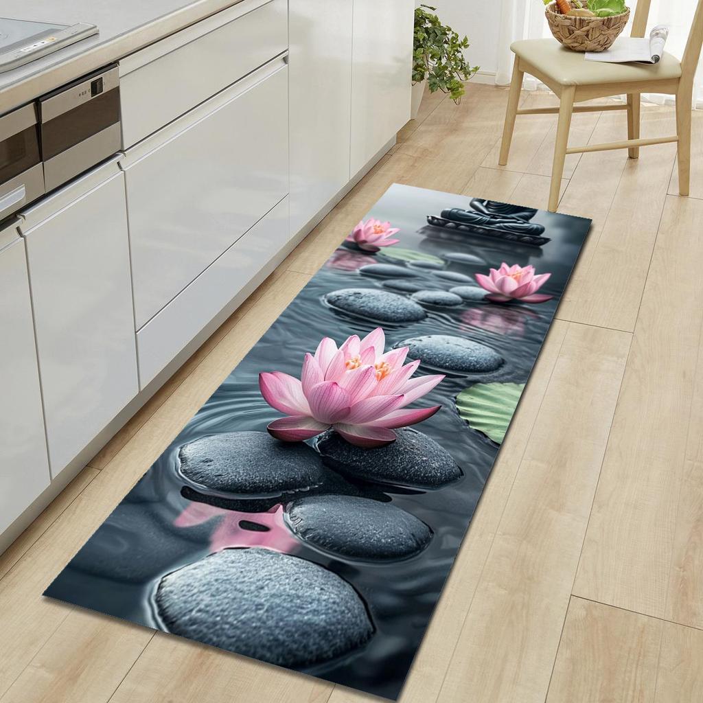 1Pcs Lotus Pattern Floor Mat Modern Kitchen Polyester Rug Non-Slip Colorful Indoor Carpet, For Home Bathroom Bedroom Living Room Decor