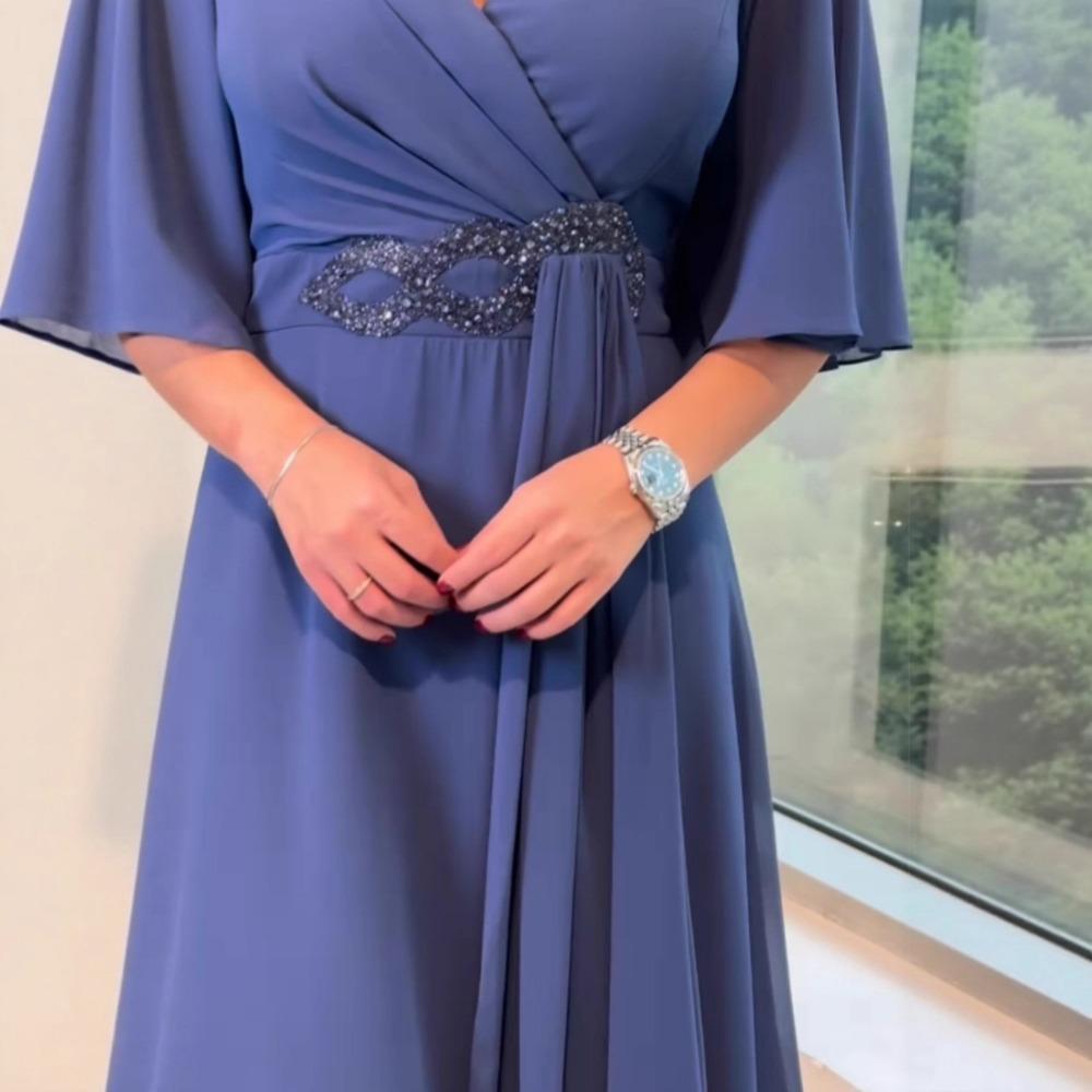 Abito da sera lungo in chiffon da donna con scollo a V incrociato, maniche a sbuffo a metà manica, vita decorata con perline