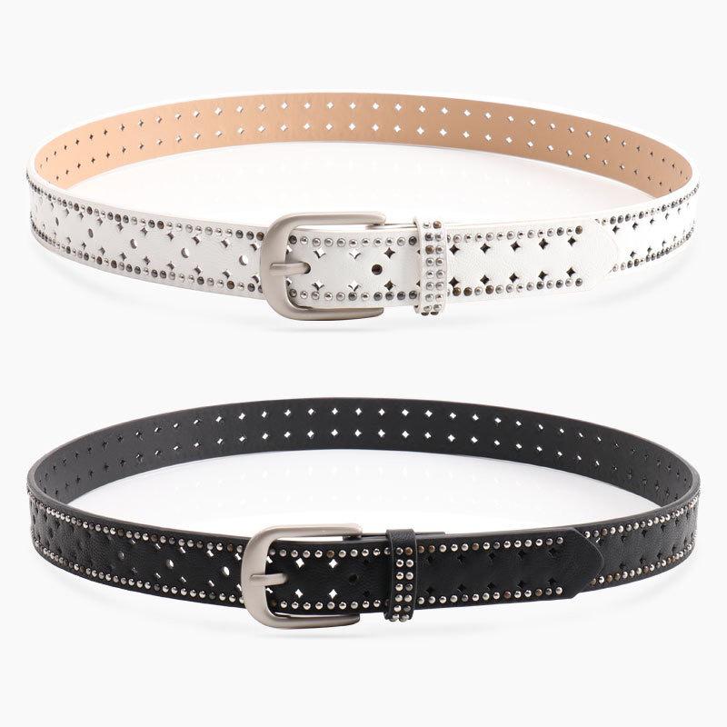 Women's Y2K Perforated Leather Belt with Double Row Rivets – Punk Niche Design for Versatile Jeans