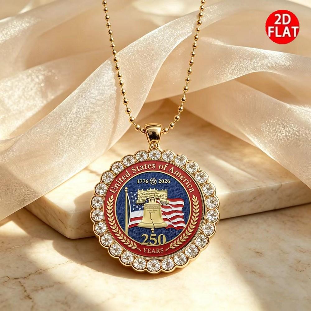 Gold-Edged Rhinestone American Flag & Statue of Liberty Necklace