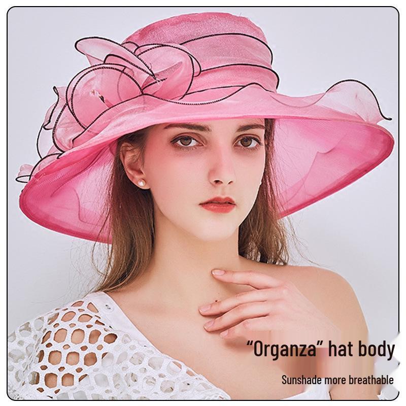 Women's Summer Foldable Sun Hat: European & American Style Fedora with Flower Organza Design