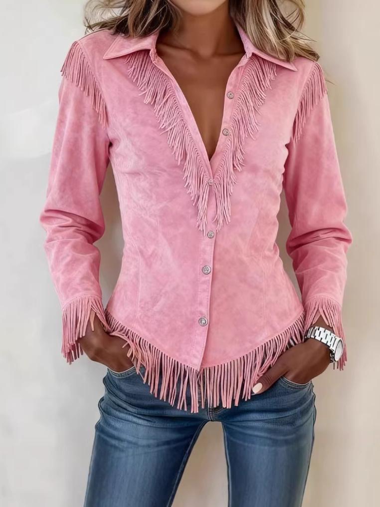 Women's Pink Suede Tassel Jacket - European & American Slim Lapel Coat for Autumn/Winter