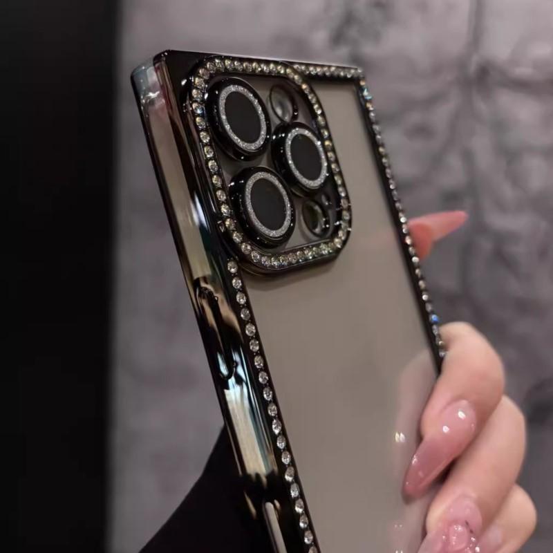 Luxury Plating Diamond Rhinestone Case for iPhone 16 15 14 Plus 13 Pro Max Bling Glitter Square Soft Clear Silicone Bumper Cover
