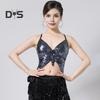 Women Performance Costume Belly Dance Crop Top Backless Sleeveless Sequin Latin Dance Costume Bandage Vest with Adjustable Elastic Bands Shiny Party