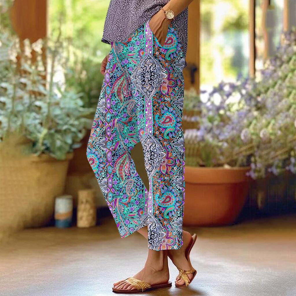 Damskie Modne Spodnie Casualowe z Kieszeniami i Elastyczną Gumką w Pasie z Kwiatowym Nadrukiem z Prostymi Nogawkami