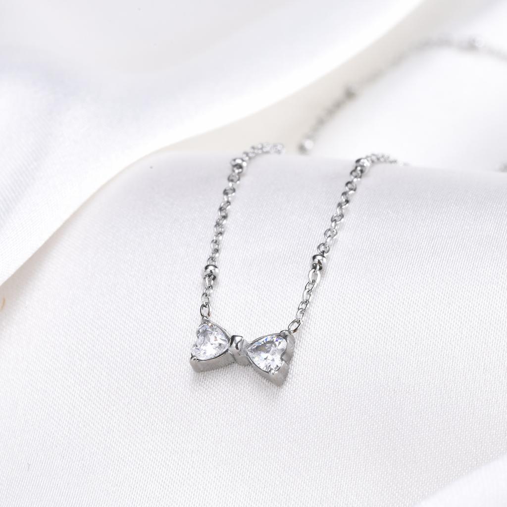 Stainless Steel Bead Chain Zircon Bow Necklace,Brilliant Cubic Zirconia Bow Pendant Necklace for Bridal Wedding Accessories