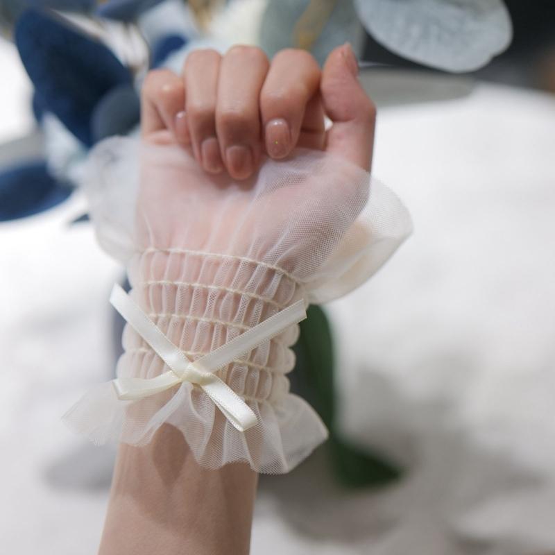 Women Wrist Cuffs Ribbon Bow Removable Ruffled Wedding Supply Bride Dress False Sleeves Tulle Flared Sleeves