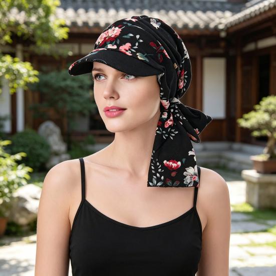 Women Headscarf Hat Flower Pattern Lace-up Ribbon Turban Hat Outdoor Travel Cycling Sunshade Cap Headwear