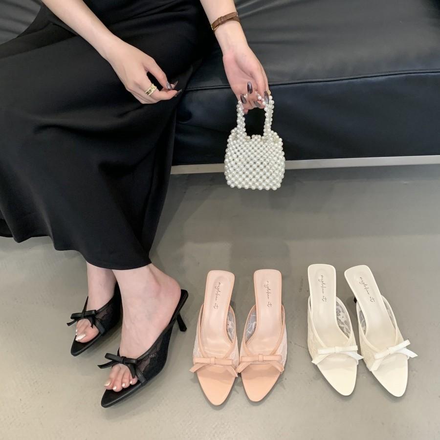 Gentle fairy cool slippers 2025 summer French temperament elegant mesh bow pointed stiletto high heels