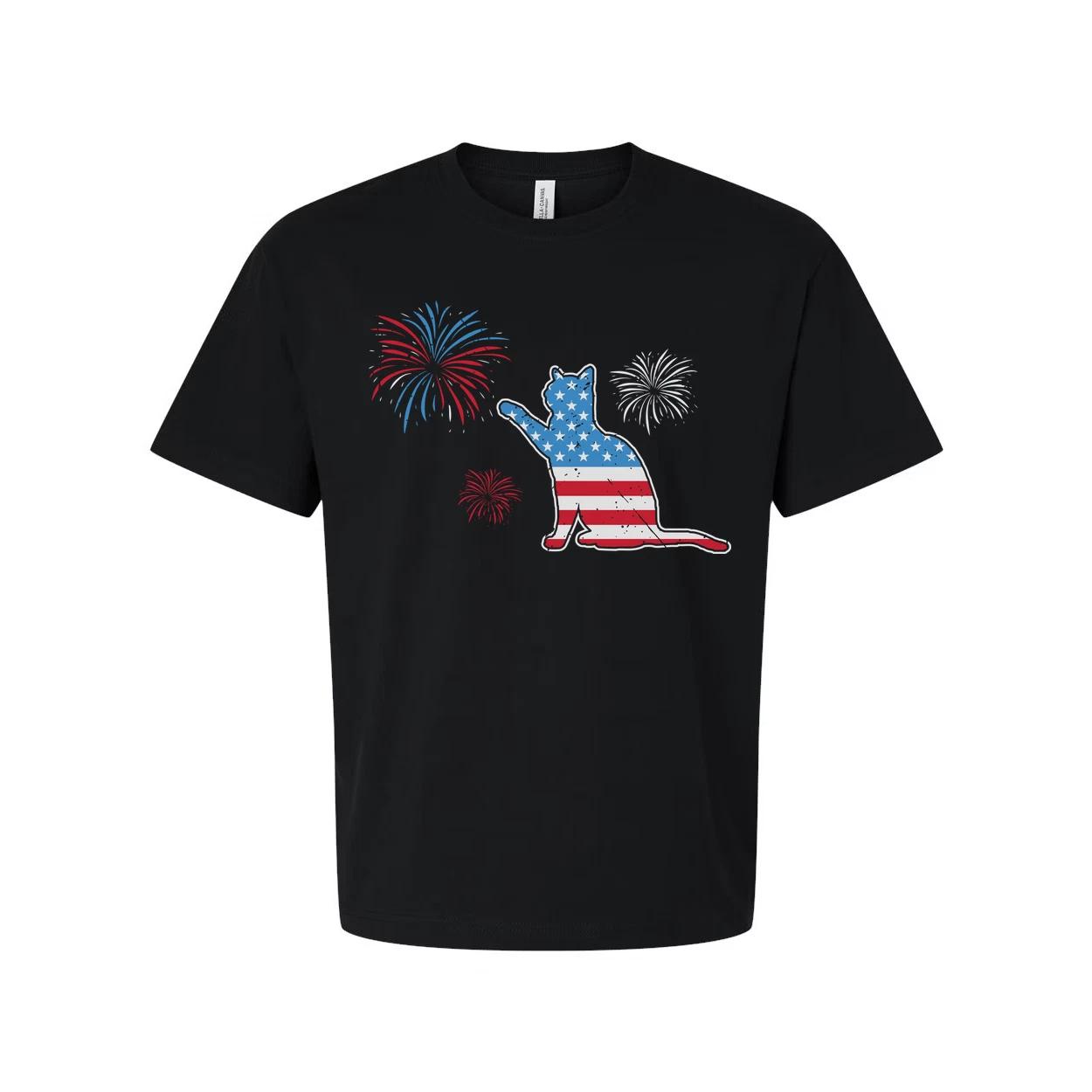 Patriotic Cat Graphic T Shirt With American Flag Pattern And Firework Design Uni 4XL