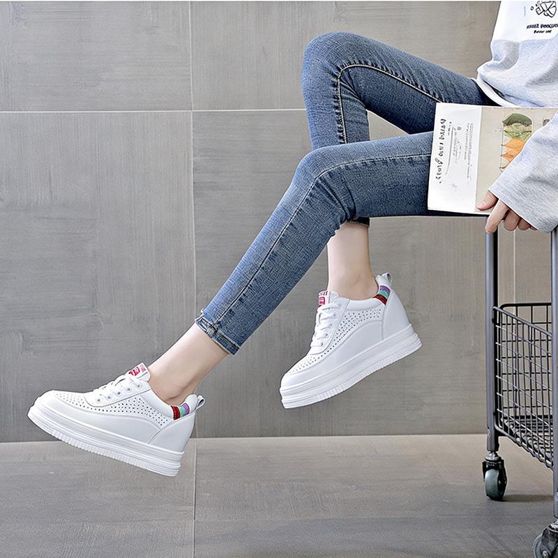 2026 Spring Summer Women's White Platform Sneakers Genuine Leather Wedge Hidden Heel 7cm Casual Walking Shoes Breathable