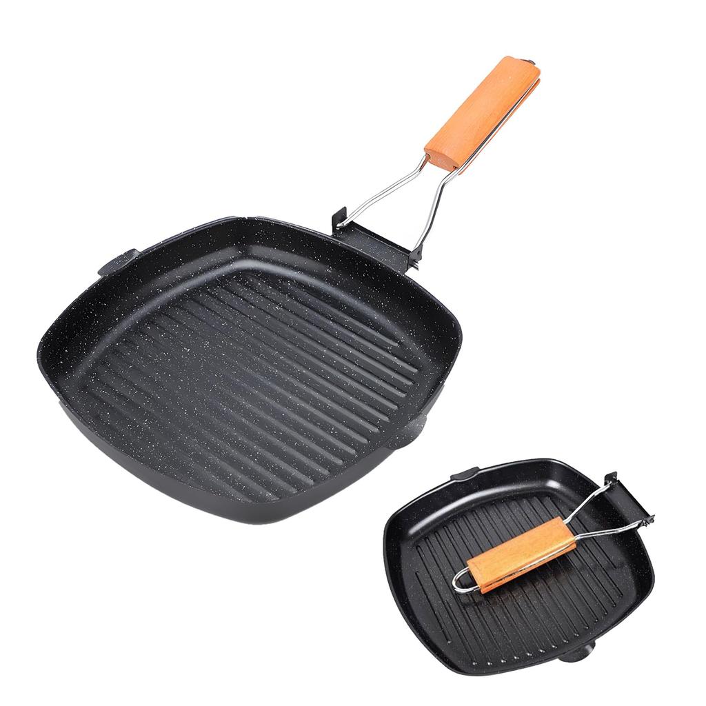 Deep Camping Iron Grill Pan with Wooden IH Direct Flame Outdoor Steak BBQ Cooking Utensil Multi-Griddle, 5cm/6cm, Multi-Grill, Foldable, Lightweight,