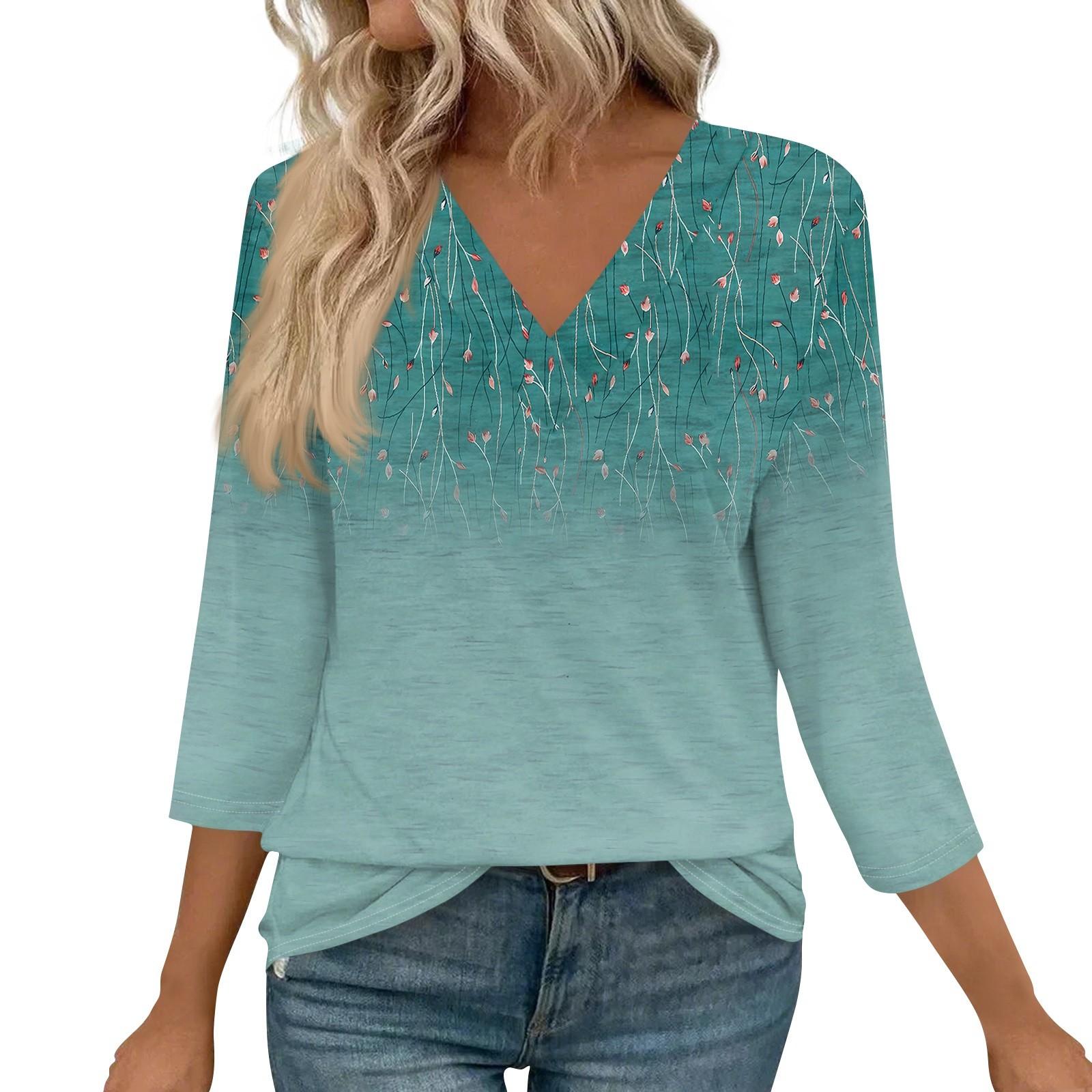 

Женские рубашки с рукавом 3/4, топы с принтом и V-образным вырезом, повседневные топы, базовые футболки, блузки, свободные топы XXL циан