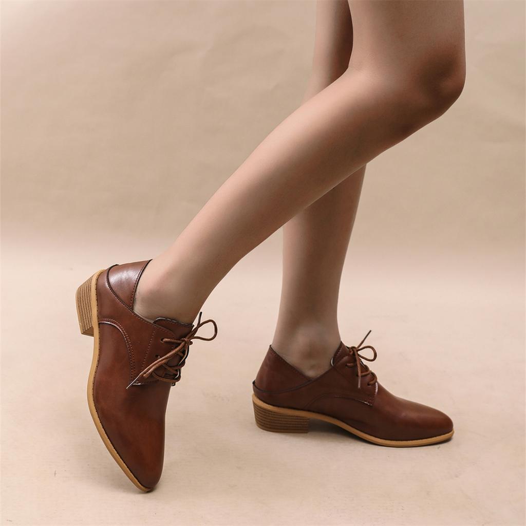 Plus Size Women's Shoes 2025 Spring/Fall New Arrival British Vintage Style Pointed Toe Lace-Up Chunky Heel Low-Top Flats