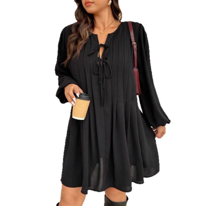 Loose Plus Size Solid V Neck Long Sleeve Casual Dress