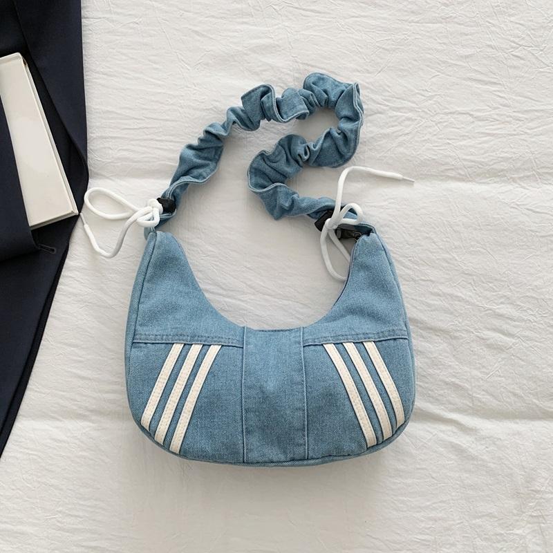Fashion Denim Hobo Bag Ruched Strap Striped Design Zipper Closure Casual Shoulder Purse for Women