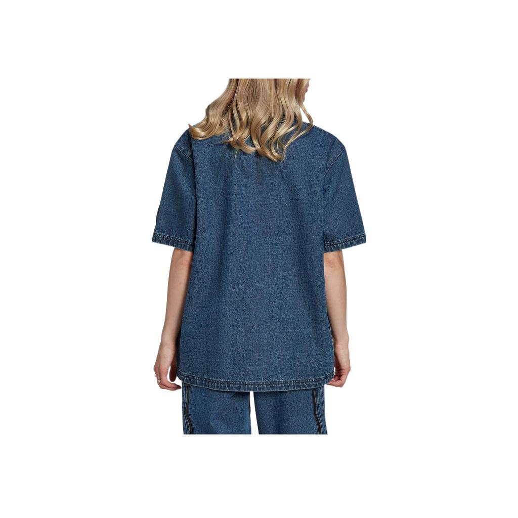 Adidas Originals FW22 Embroidered Logo Single-Breasted Denim Sports Short Sleeve Shirt Women Tops Blue HL9059