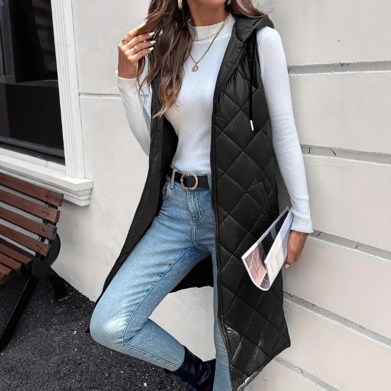Heißer Verkauf E Damen Mittellange und Lange Weste Große Rauten Kapuzen Ärmellose Jacke Damen Oberbekleidung