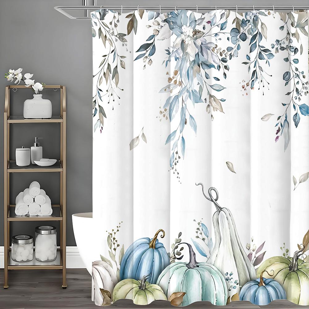 Autumn Harvest Pumpkin Eucalyptus Leaf Floral Shower Curtain, Bathroom Decorative Shower Curtain, Waterproof Shower Curtain with