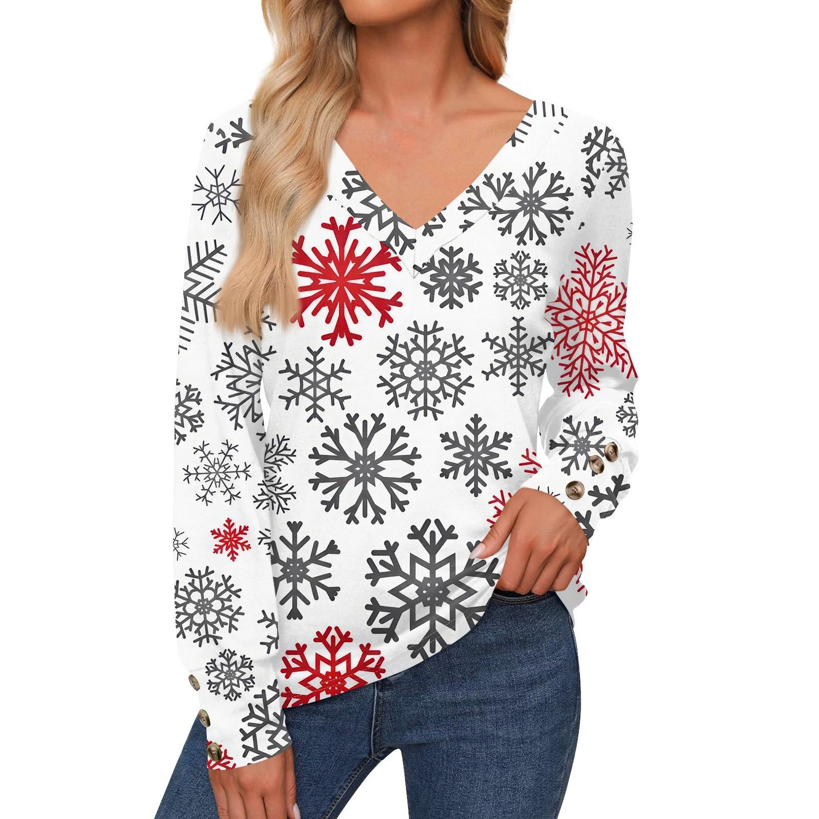 

Женская повседневная модная рождественская рубашка со снежинками и длинными рукавами, манжетами на пуговицах, с V-образным вырезом, свободная футболка, осенняя одежда S