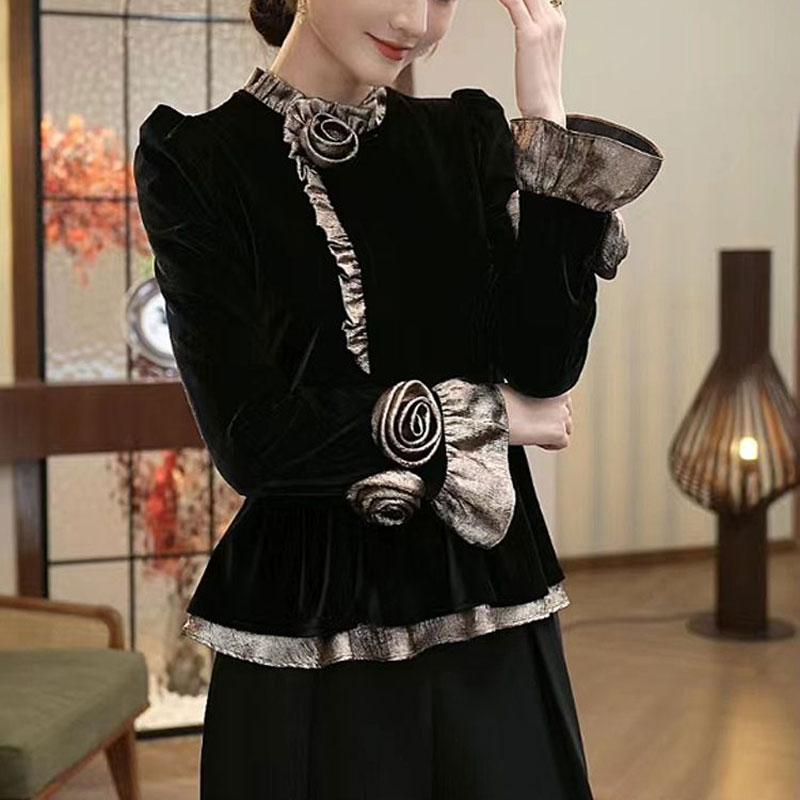 Stylish Elegant Stand Collar Shirt Spring Autumn Female Clothing Chic Floral Three-dimensional Decoration Casual Spliced Blouse