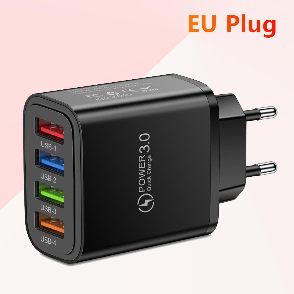 Colorful 4-Port 3A USB Travel Charger with US/EU Plugs for Mobile Phones