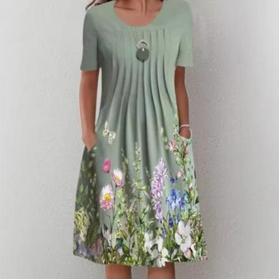 2023 Floral Print Round Neck Midi Dress for Women - Spring/Summer Collection