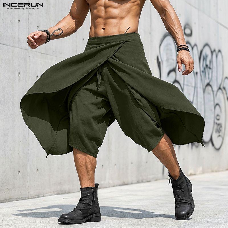 INCERUN Men Elastic Waist Irregular Layers Casual Loose Half Cuffed Pants