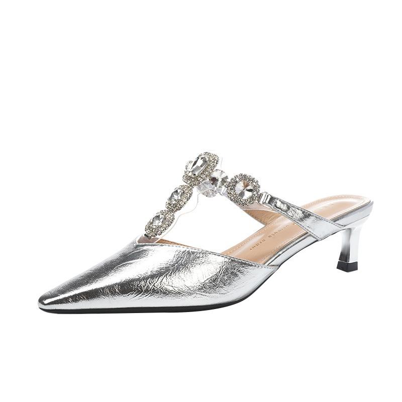 Beautiful Silver Half Slippers Celebrity Rhinestone T-belt Hollow Bag Head Sandals Temperament High Heels