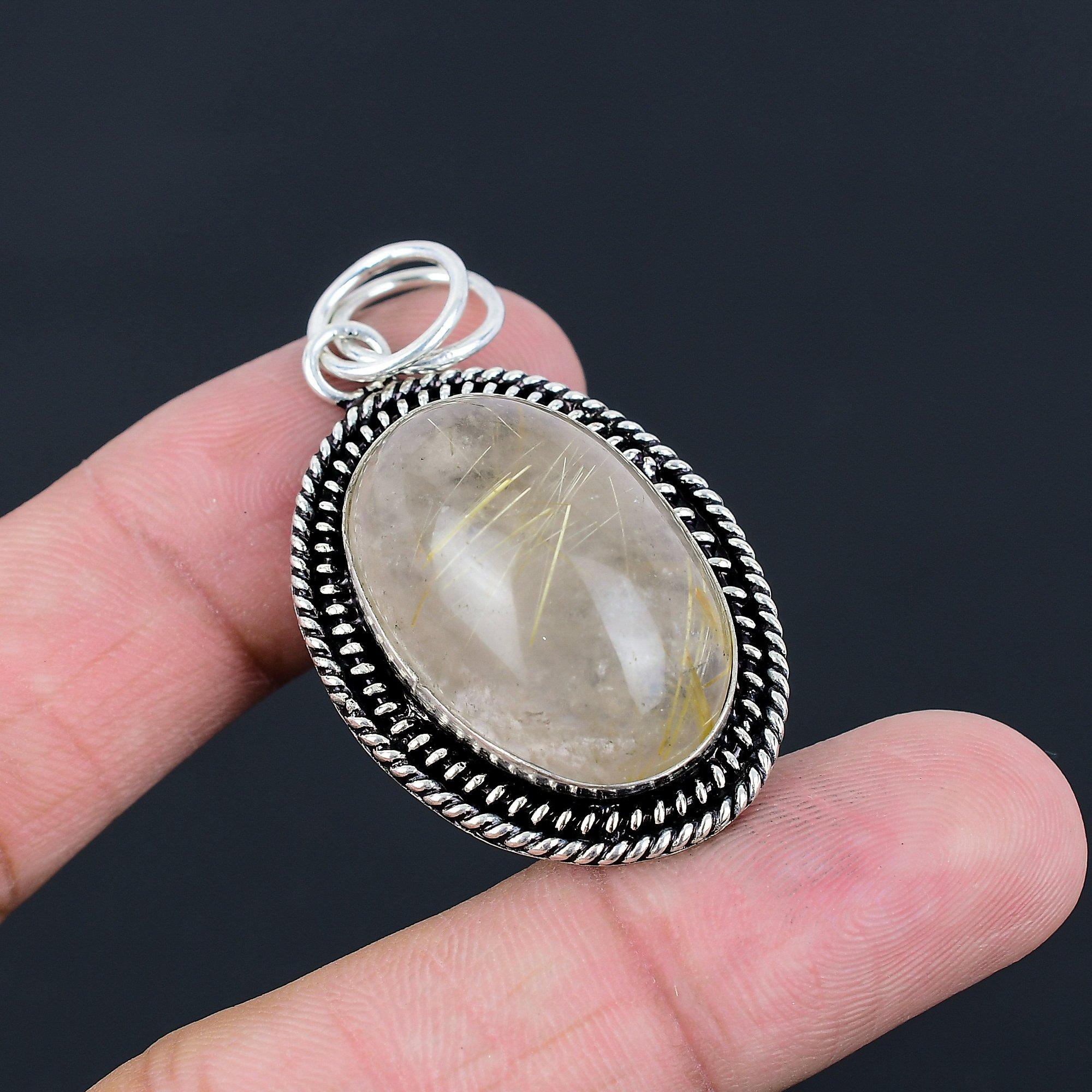 Oval Natural Golden Rutile Wife Unique Bezel Wedding Pendant Jewelry 925 Silver