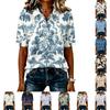 Women's Casual Patchwork Sleeve Floral Print Top Button Down Collar Short Sleeve Blouse Lightweight Comfortable Fit