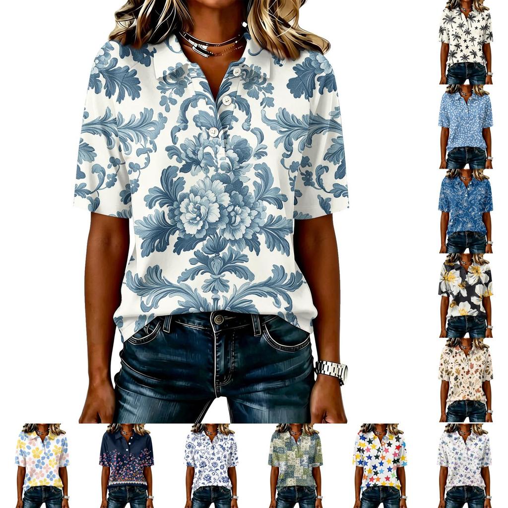 Women's Casual Patchwork Sleeve Floral Print Top Button Down Collar Short Sleeve Blouse Lightweight Comfortable Fit