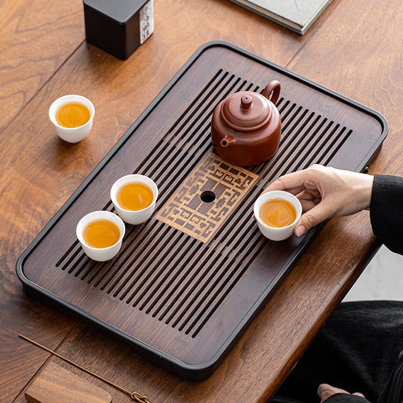 Double-Layer Wooden Tea Tray Engraved Floral Rectangular Food Safe Wood Tray Ideal for Home Tea Party Gifting Occasions