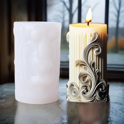 Wave Pattern Relief Cylindrical Candle Silicone Mold Rattan Flower Carving Roman Column Candle Mould Curved Column Resin Molds