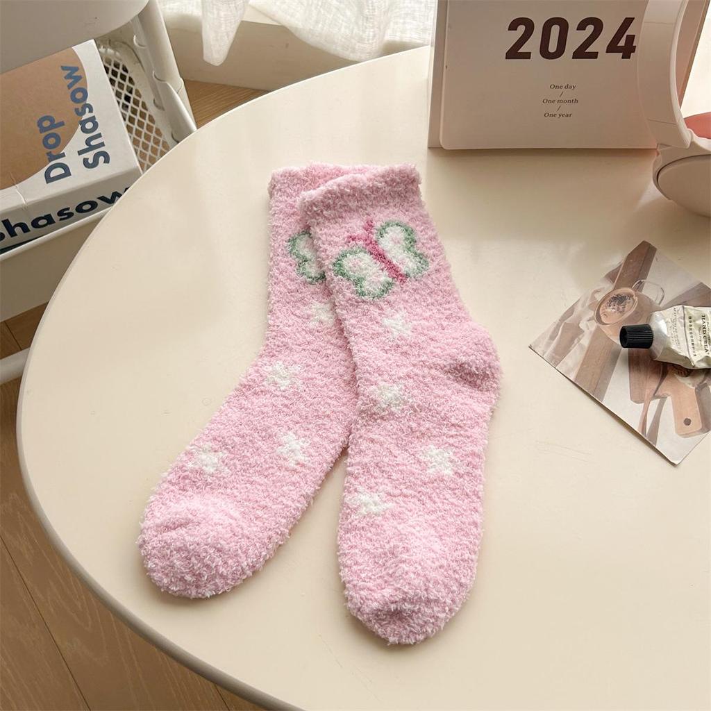 Women's Plus Velvet Thickened Coral Fleece Mid-Calf Home and Sleep Socks - Cute and Plush Cartoon Design for Autumn and Winter