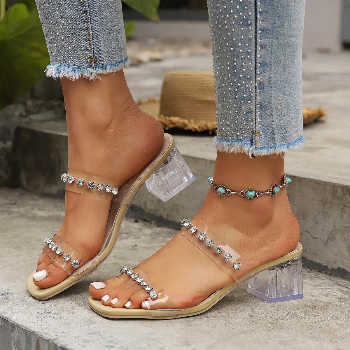 

Лето 2025 года, новый стиль, прозрачные женские однотонные тапочки большого размера с толстым каблуком и квадратной головкой 42 абрикосовый