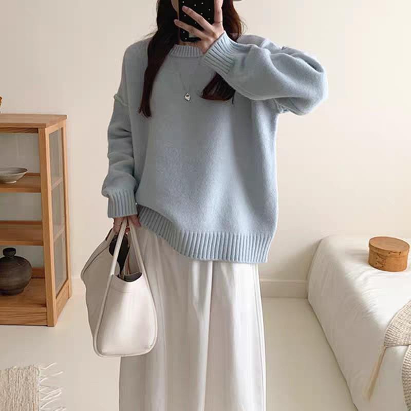 Womens Crew Neck Solid Color Loose Fit Thick Knit Sweater Casual Versatile Top